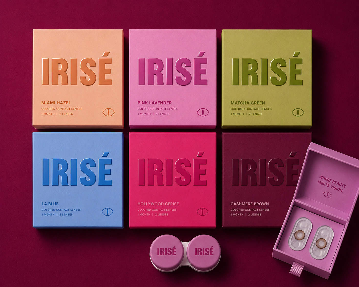 IRISÉ colored contact lens packaging in six shades